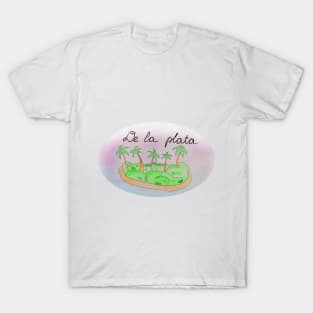 De la Plata watercolor Island travel, beach, sea and palm trees. Holidays and vacation, summer and relaxation T-Shirt